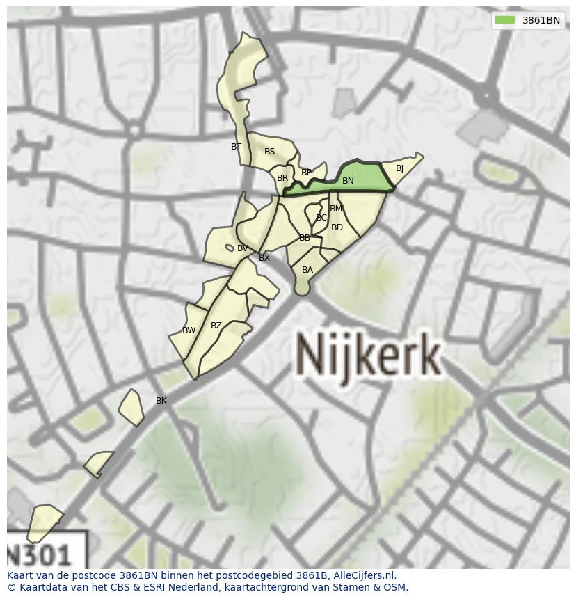 Afbeelding van het postcodegebied 3861 BN op de kaart.
