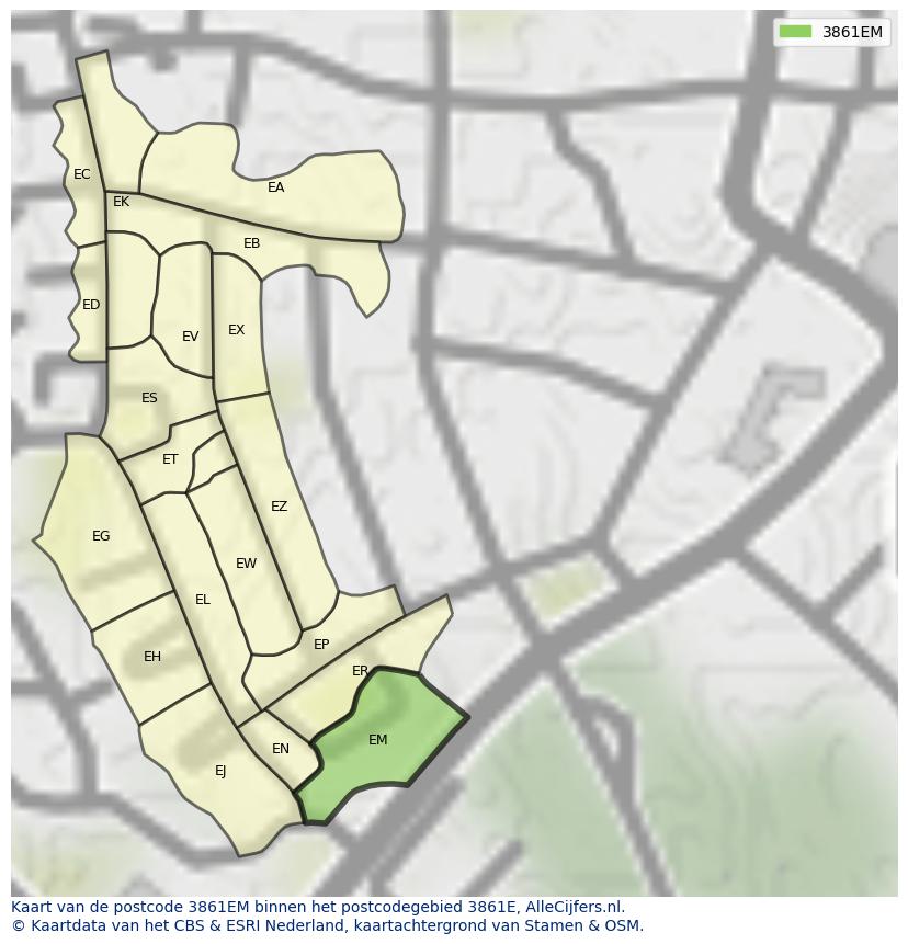 Afbeelding van het postcodegebied 3861 EM op de kaart.