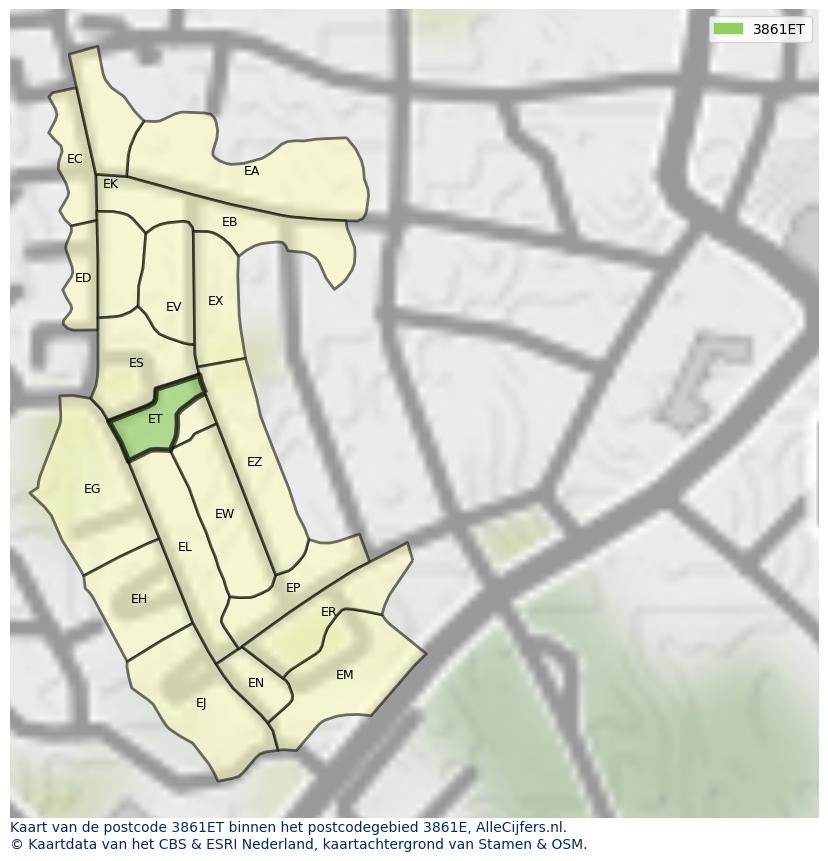 Afbeelding van het postcodegebied 3861 ET op de kaart.