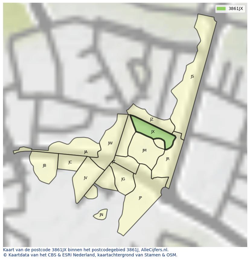 Afbeelding van het postcodegebied 3861 JX op de kaart.