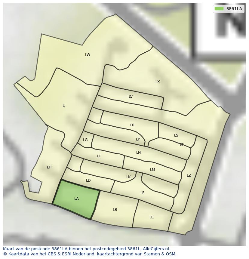 Afbeelding van het postcodegebied 3861 LA op de kaart.