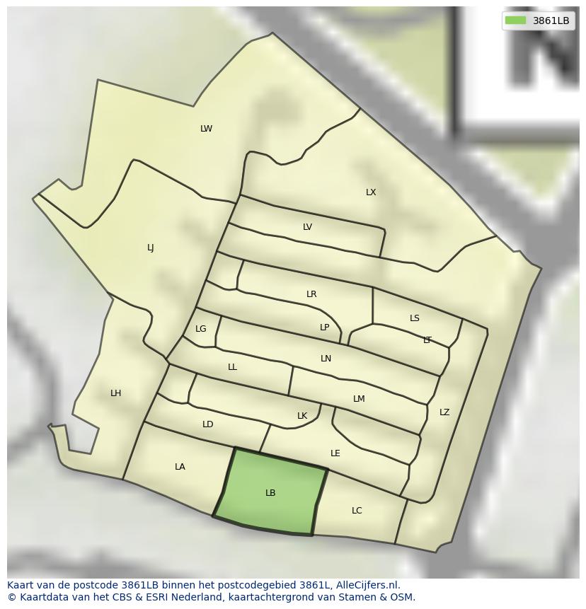 Afbeelding van het postcodegebied 3861 LB op de kaart.