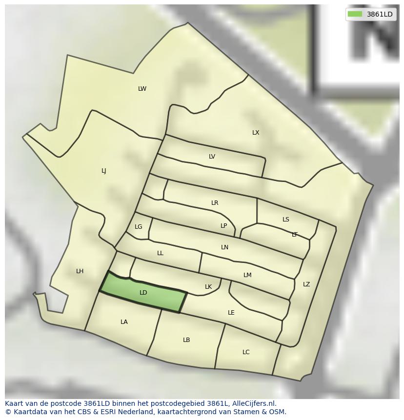 Afbeelding van het postcodegebied 3861 LD op de kaart.