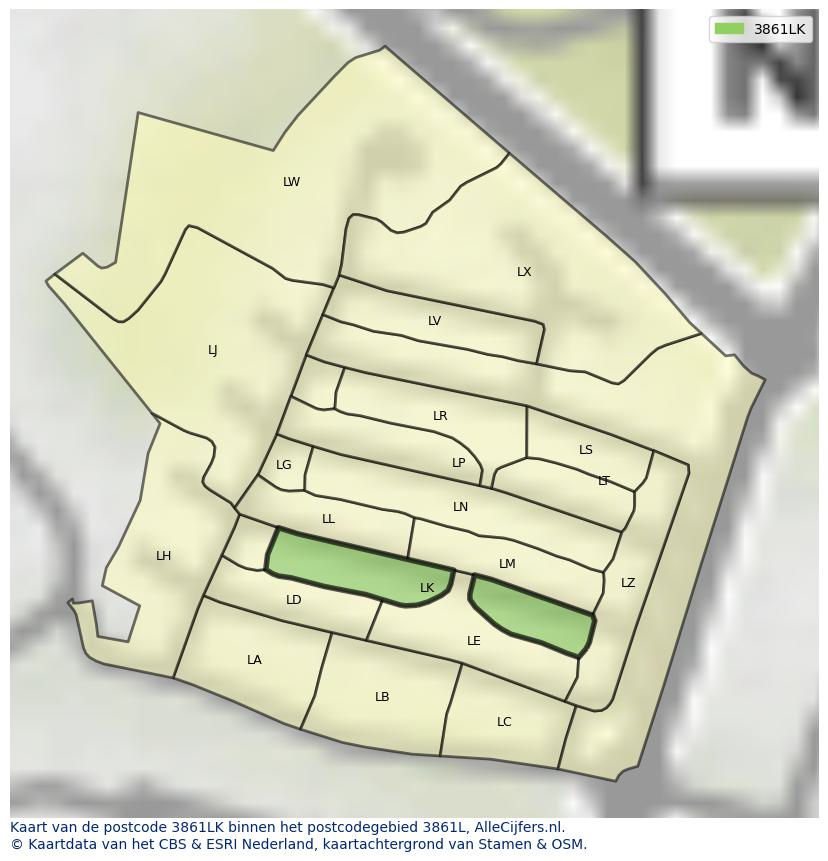 Afbeelding van het postcodegebied 3861 LK op de kaart.