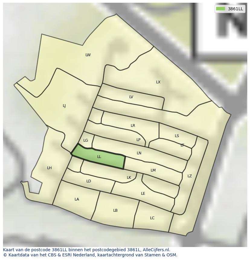 Afbeelding van het postcodegebied 3861 LL op de kaart.