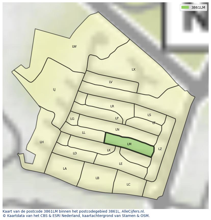Afbeelding van het postcodegebied 3861 LM op de kaart.