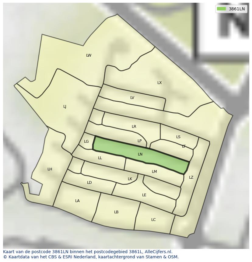 Afbeelding van het postcodegebied 3861 LN op de kaart.