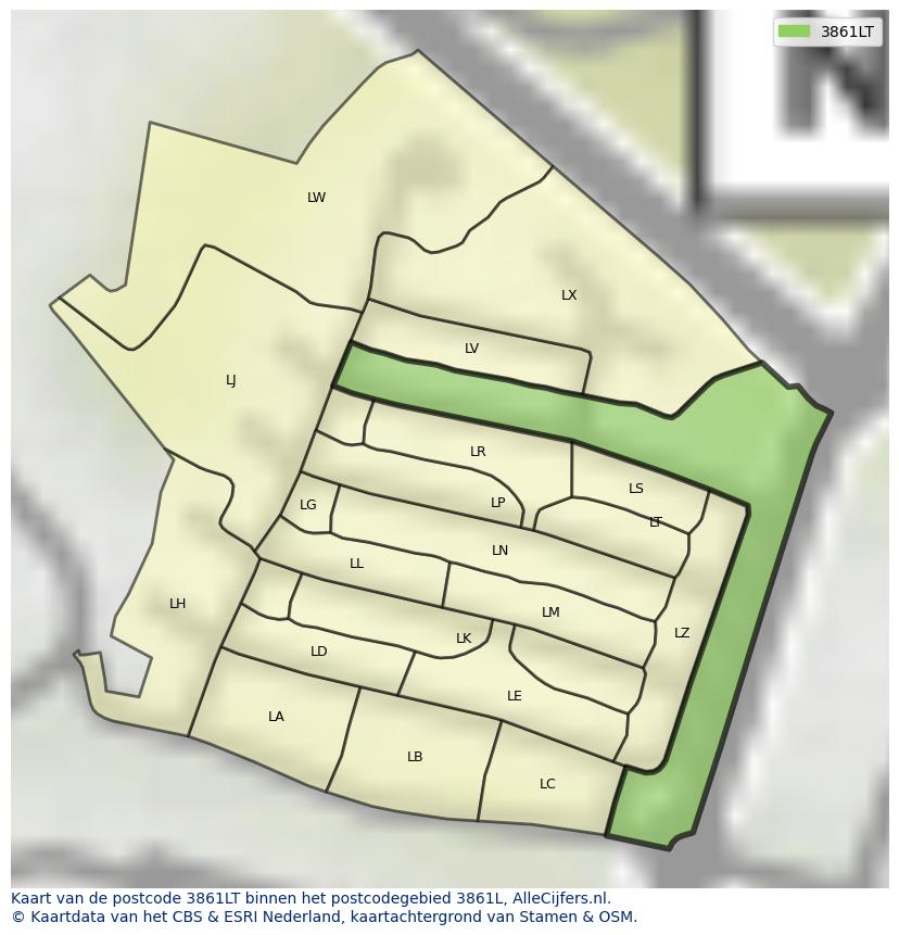 Afbeelding van het postcodegebied 3861 LT op de kaart.