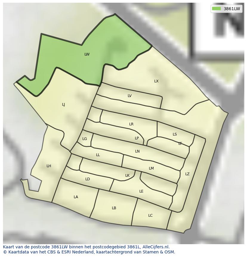 Afbeelding van het postcodegebied 3861 LW op de kaart.