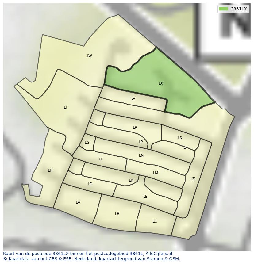 Afbeelding van het postcodegebied 3861 LX op de kaart.