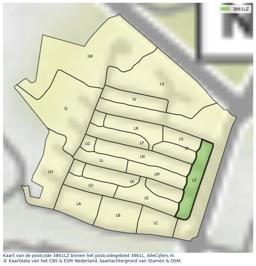Afbeelding van het postcodegebied 3861 LZ op de kaart.