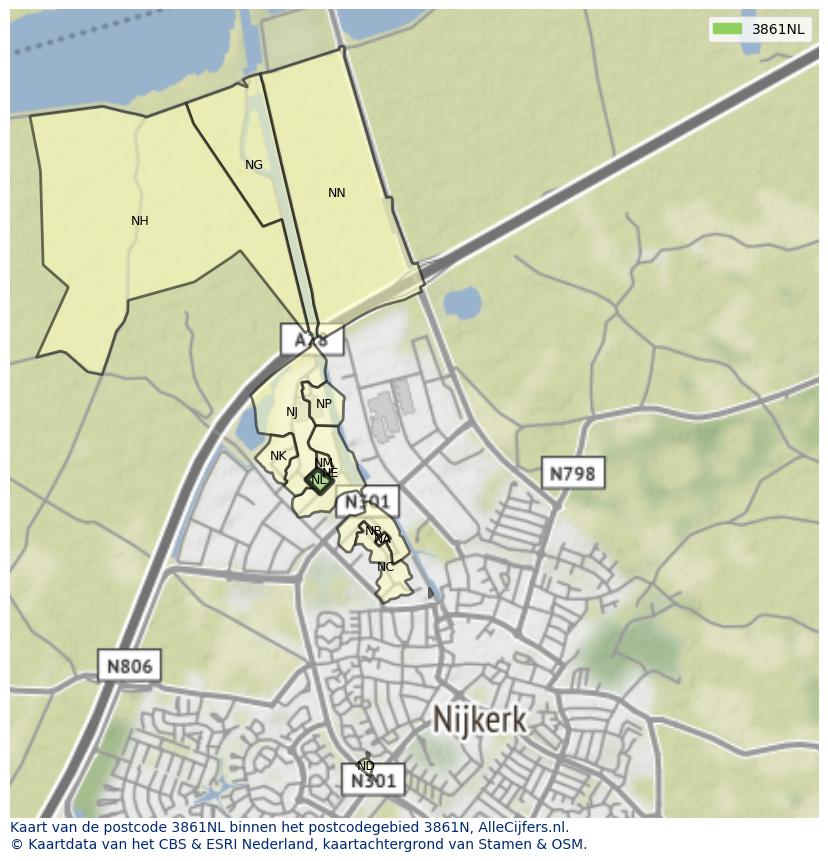Afbeelding van het postcodegebied 3861 NL op de kaart.