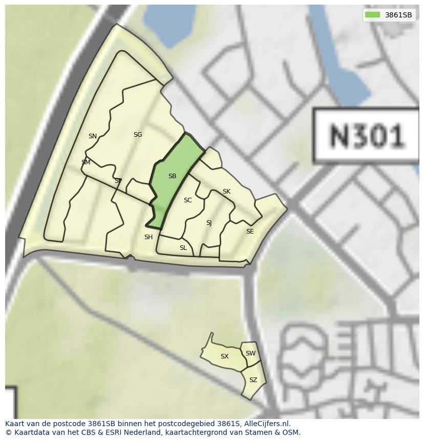 Afbeelding van het postcodegebied 3861 SB op de kaart.