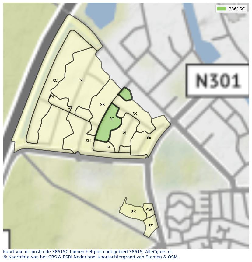Afbeelding van het postcodegebied 3861 SC op de kaart.