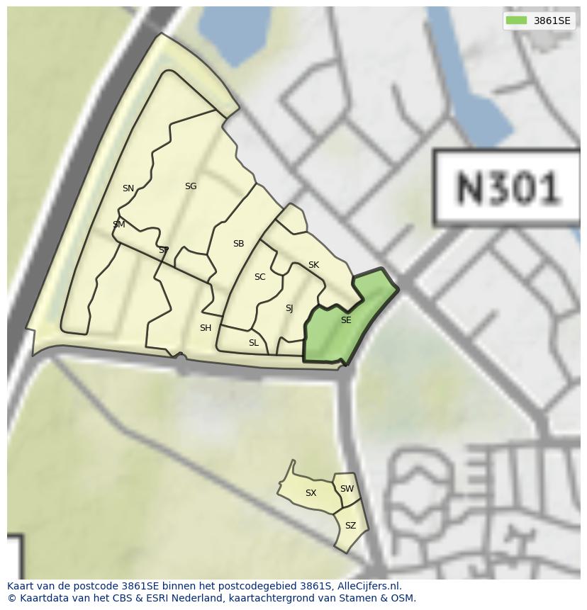 Afbeelding van het postcodegebied 3861 SE op de kaart.