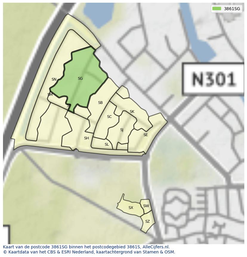 Afbeelding van het postcodegebied 3861 SG op de kaart.