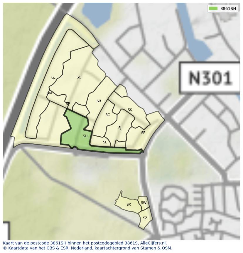 Afbeelding van het postcodegebied 3861 SH op de kaart.