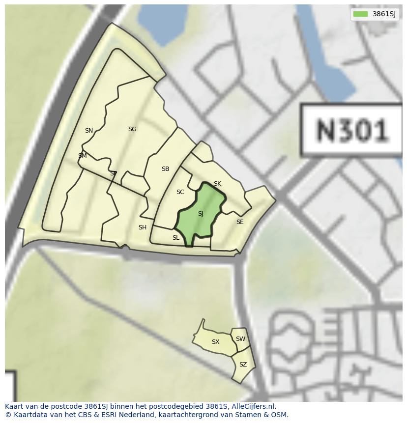 Afbeelding van het postcodegebied 3861 SJ op de kaart.