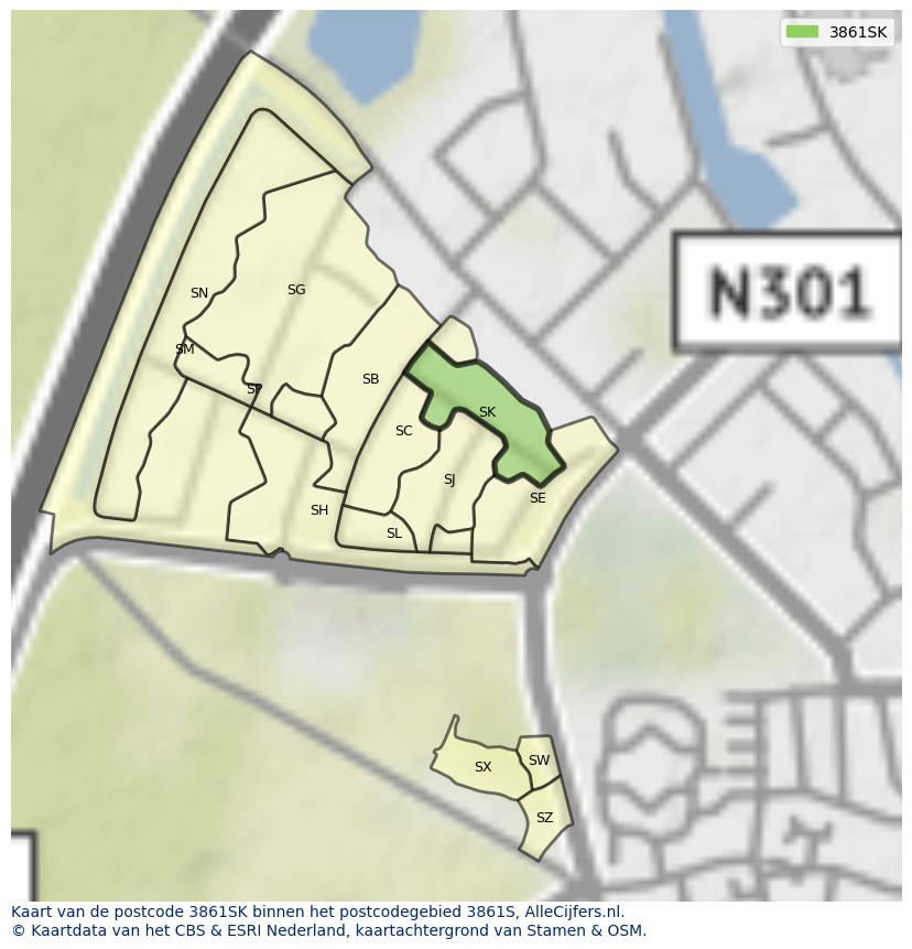 Afbeelding van het postcodegebied 3861 SK op de kaart.
