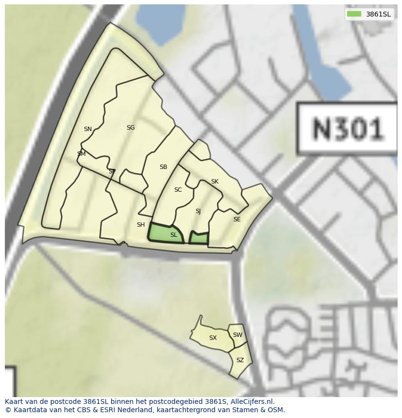 Afbeelding van het postcodegebied 3861 SL op de kaart.