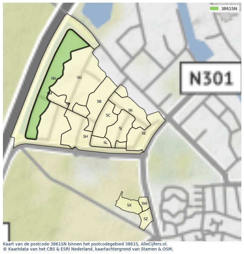 Afbeelding van het postcodegebied 3861 SN op de kaart.