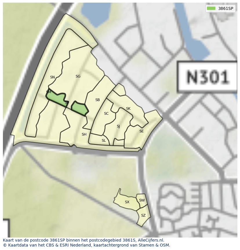 Afbeelding van het postcodegebied 3861 SP op de kaart.