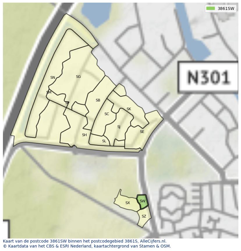 Afbeelding van het postcodegebied 3861 SW op de kaart.