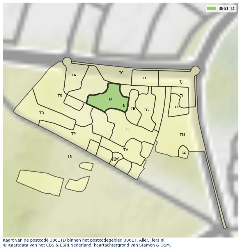 Afbeelding van het postcodegebied 3861 TD op de kaart.