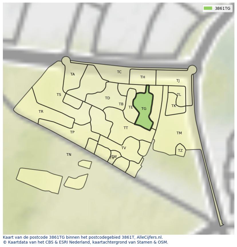 Afbeelding van het postcodegebied 3861 TG op de kaart.