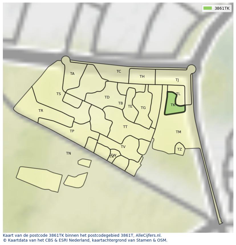 Afbeelding van het postcodegebied 3861 TK op de kaart.
