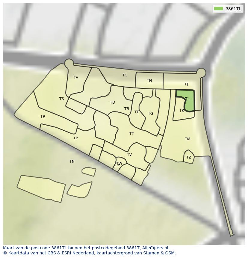 Afbeelding van het postcodegebied 3861 TL op de kaart.