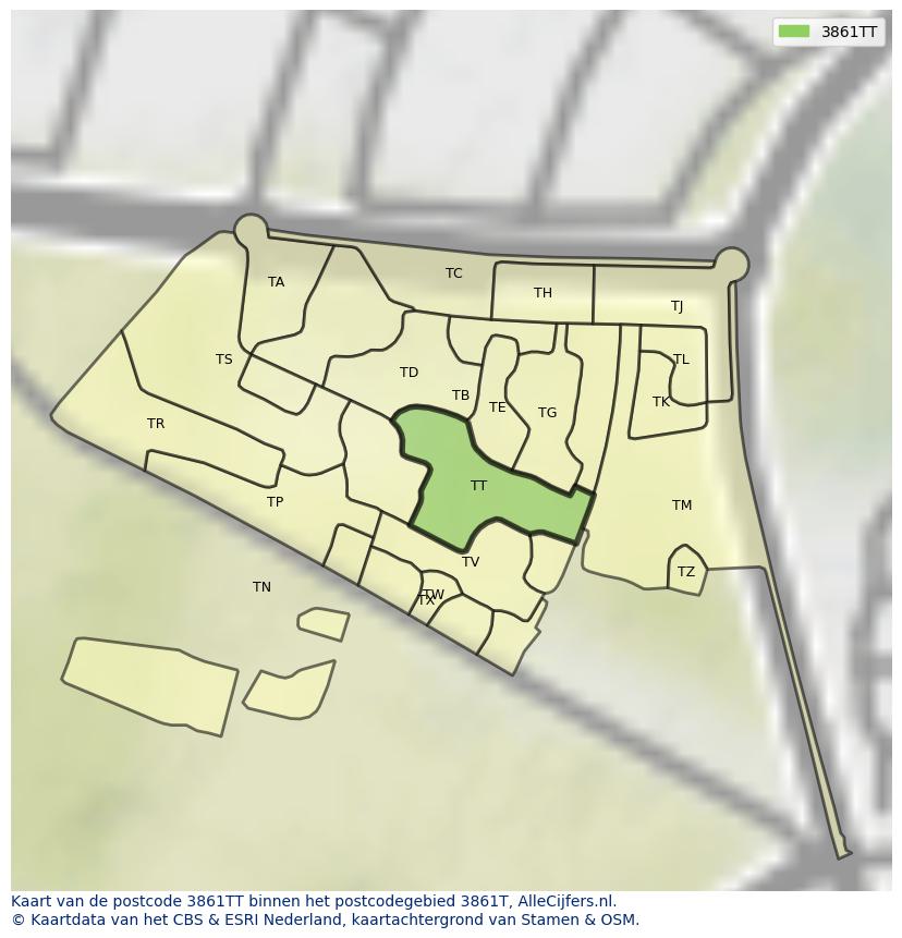 Afbeelding van het postcodegebied 3861 TT op de kaart.