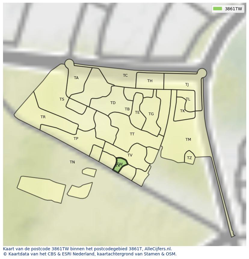Afbeelding van het postcodegebied 3861 TW op de kaart.