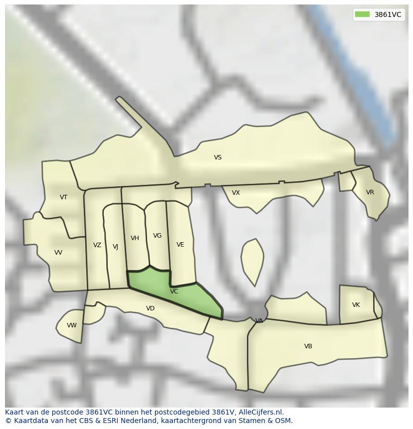 Afbeelding van het postcodegebied 3861 VC op de kaart.