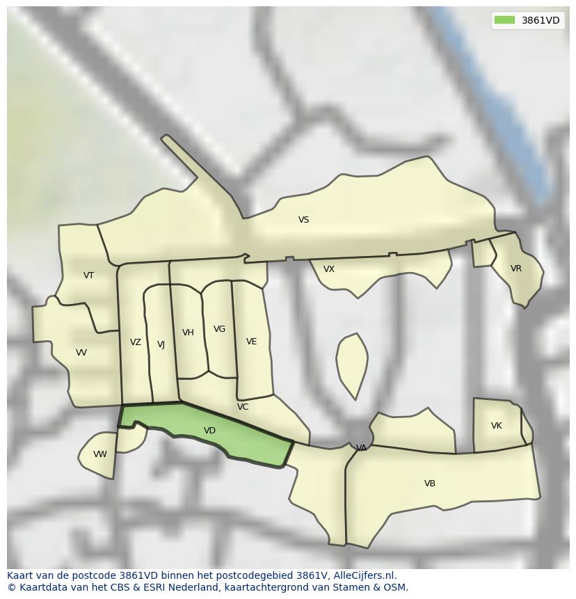 Afbeelding van het postcodegebied 3861 VD op de kaart.