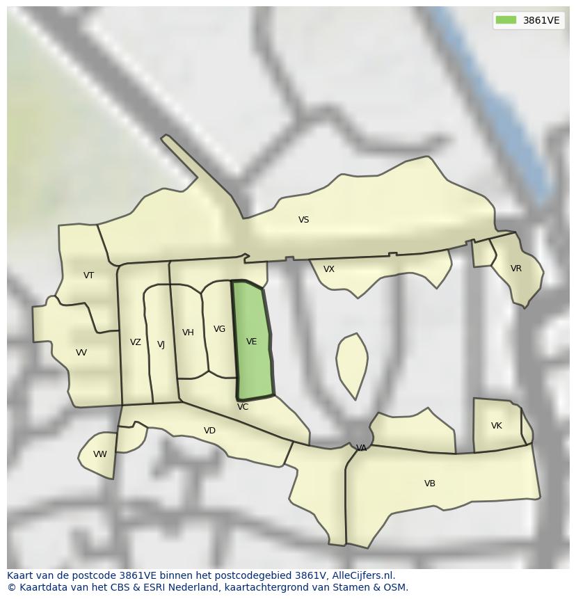 Afbeelding van het postcodegebied 3861 VE op de kaart.