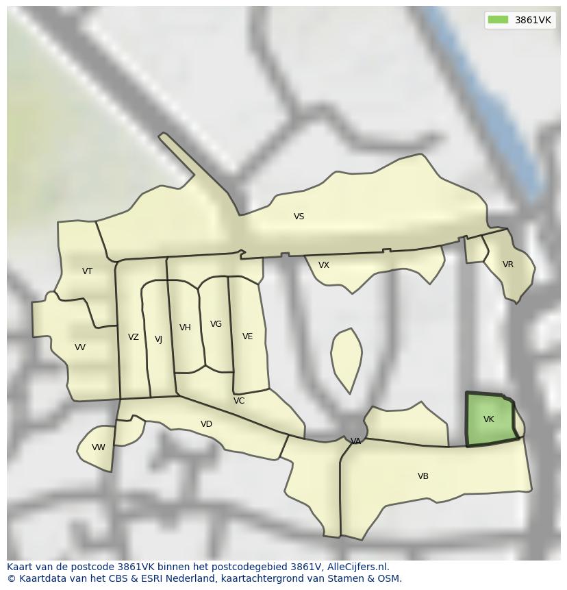 Afbeelding van het postcodegebied 3861 VK op de kaart.