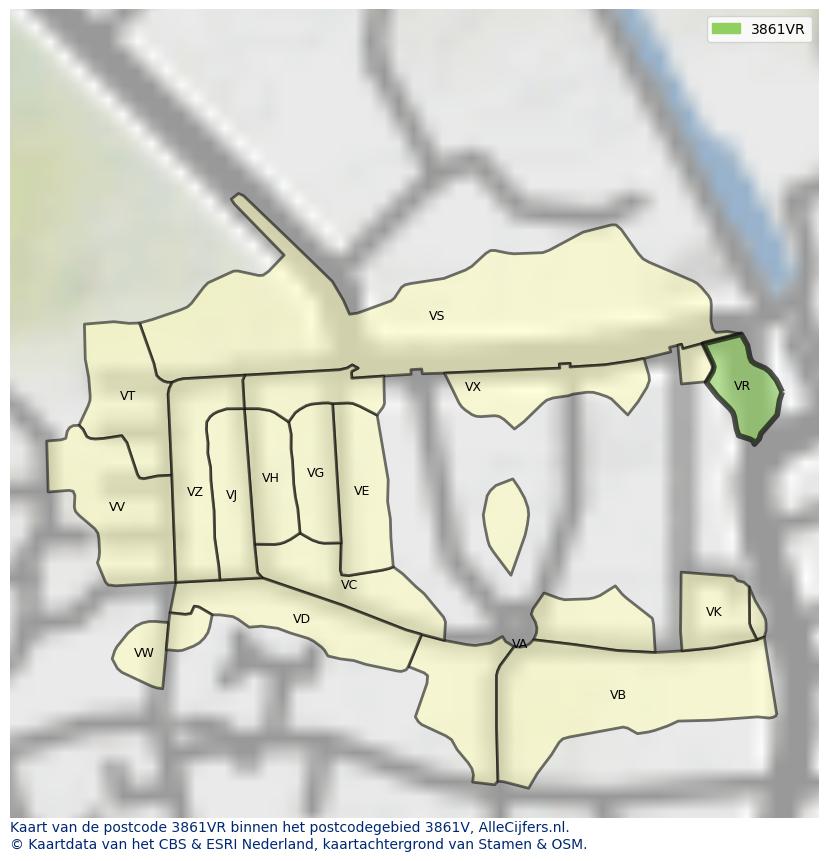 Afbeelding van het postcodegebied 3861 VR op de kaart.