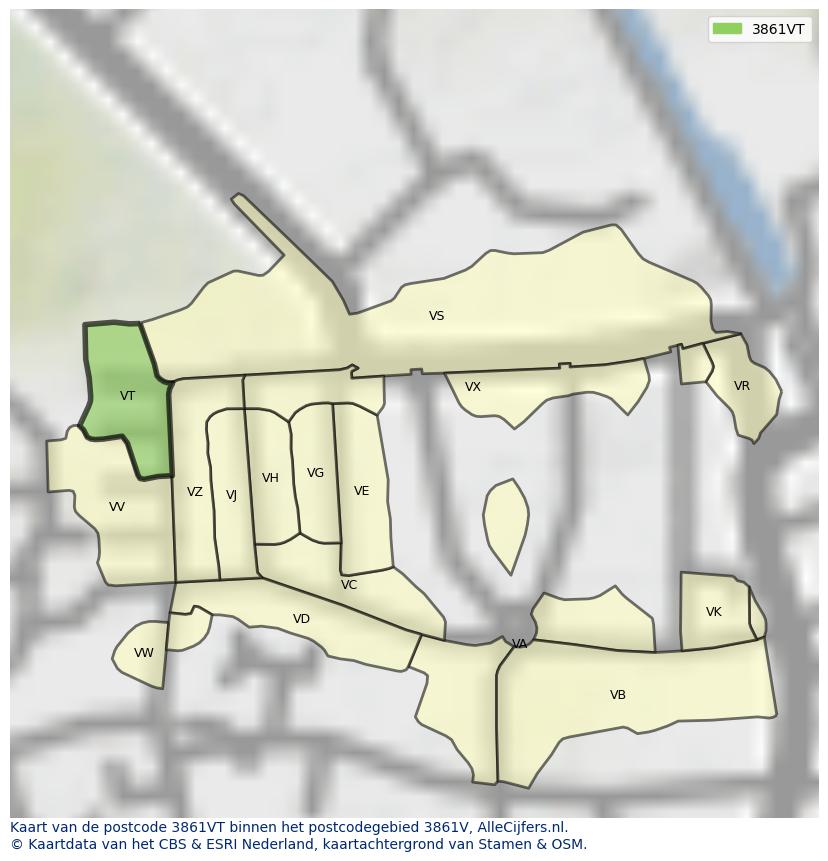 Afbeelding van het postcodegebied 3861 VT op de kaart.