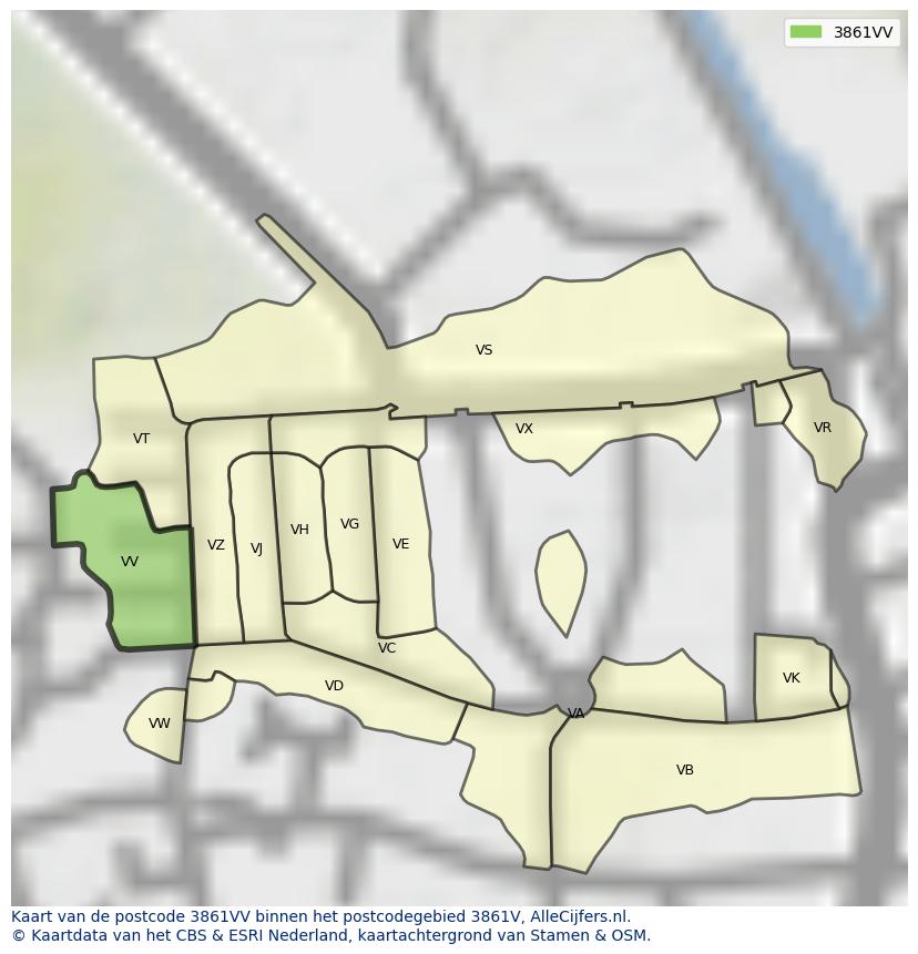 Afbeelding van het postcodegebied 3861 VV op de kaart.