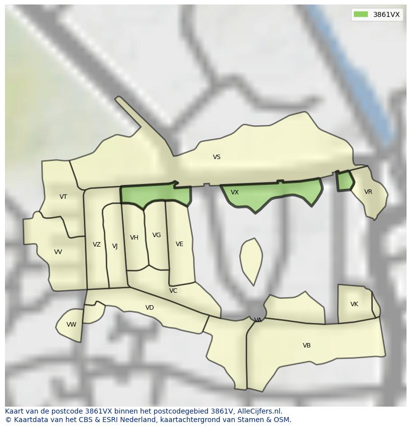 Afbeelding van het postcodegebied 3861 VX op de kaart.