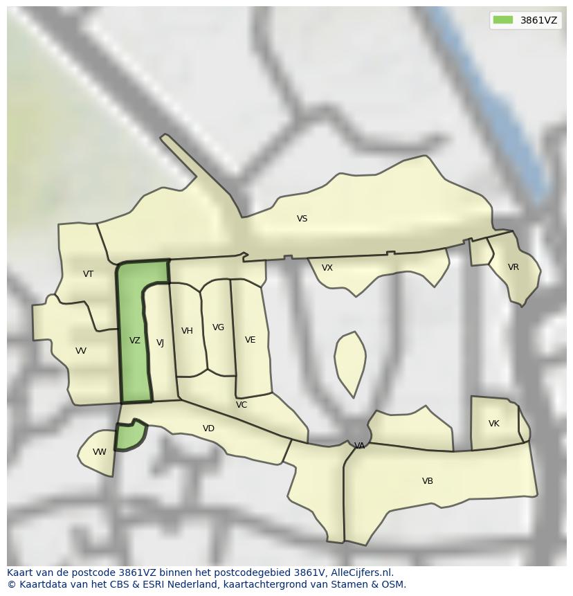 Afbeelding van het postcodegebied 3861 VZ op de kaart.
