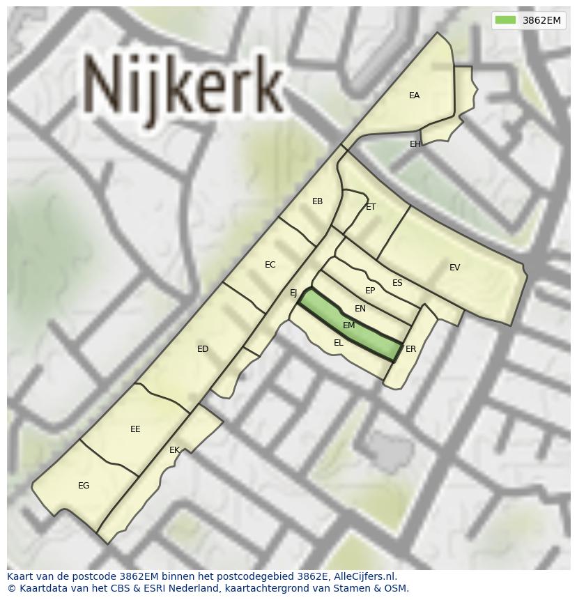 Afbeelding van het postcodegebied 3862 EM op de kaart.