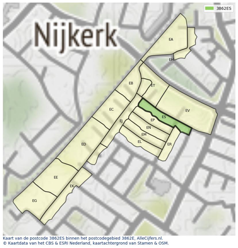 Afbeelding van het postcodegebied 3862 ES op de kaart.