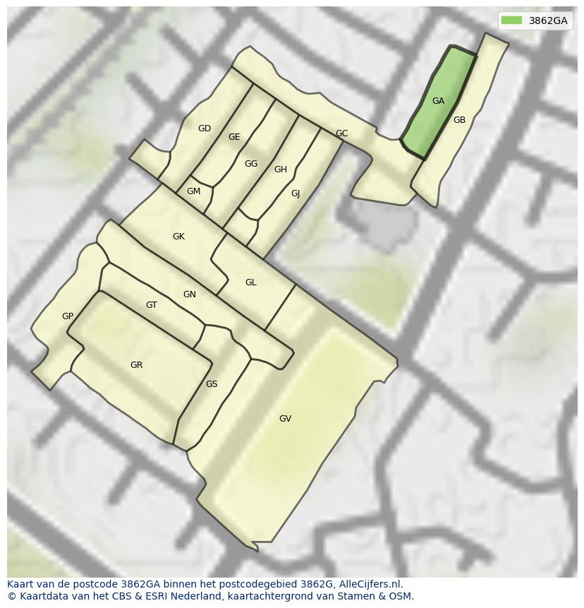 Afbeelding van het postcodegebied 3862 GA op de kaart.