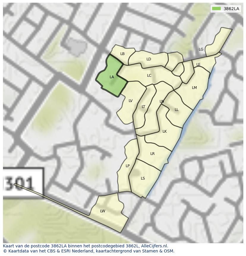 Afbeelding van het postcodegebied 3862 LA op de kaart.