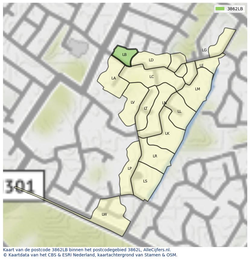 Afbeelding van het postcodegebied 3862 LB op de kaart.