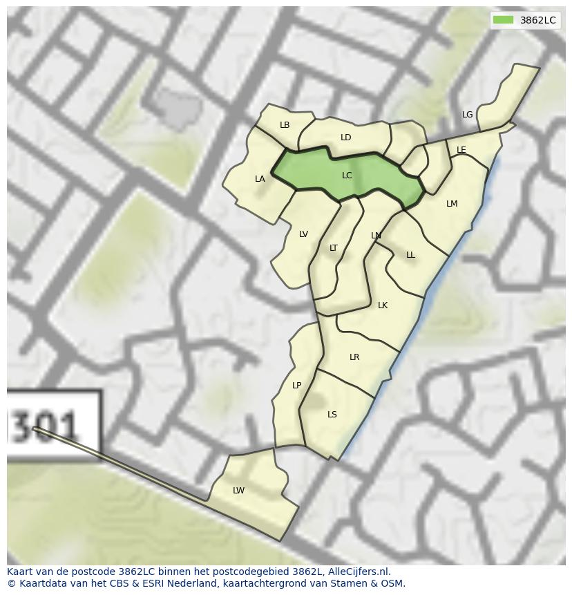 Afbeelding van het postcodegebied 3862 LC op de kaart.