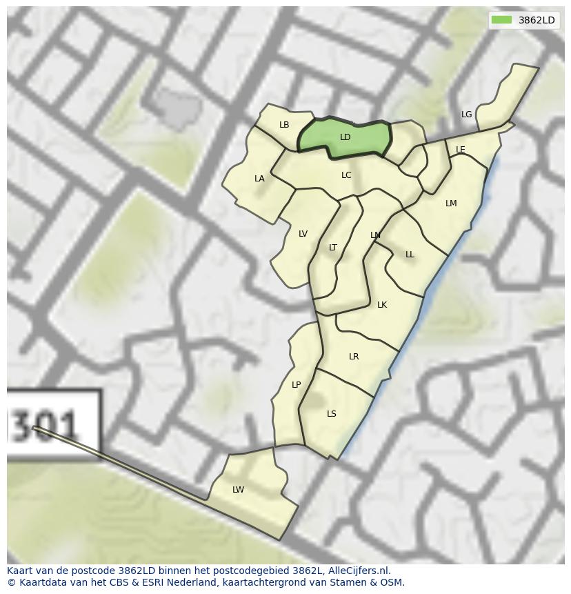 Afbeelding van het postcodegebied 3862 LD op de kaart.