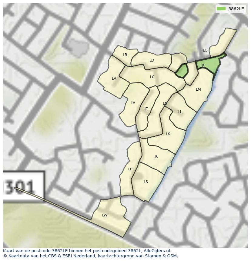 Afbeelding van het postcodegebied 3862 LE op de kaart.
